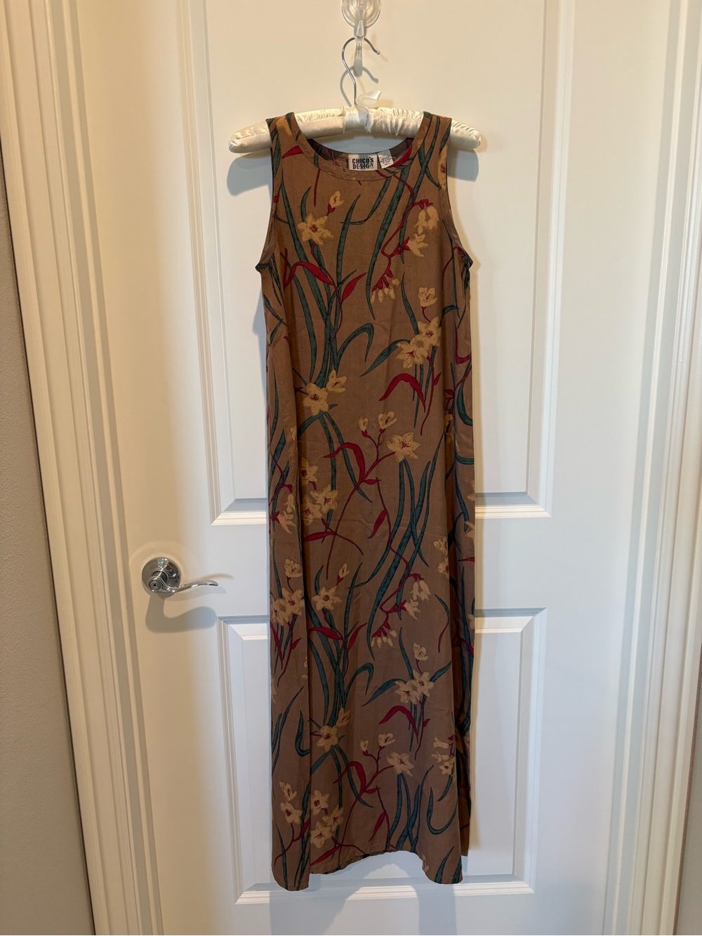 Chico's Brown Floral Maxi Dress with Green and Red Accents 100%Silk